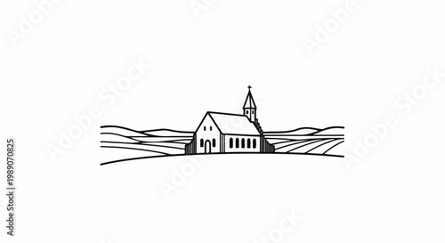 A black and white line drawing of a church in a rural landscape
