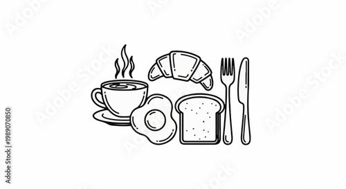 A black and white line drawing of a breakfast spread including coffee, a croissant, fried egg, toast, fork, and knife