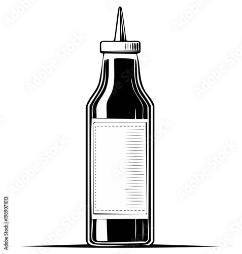 Retro illustration of sauce bottle with blank label, detailed vintage design.