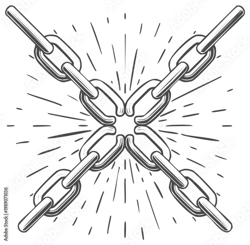 Interlocking metal chain links forming a cross shape with radiating sunburst lines