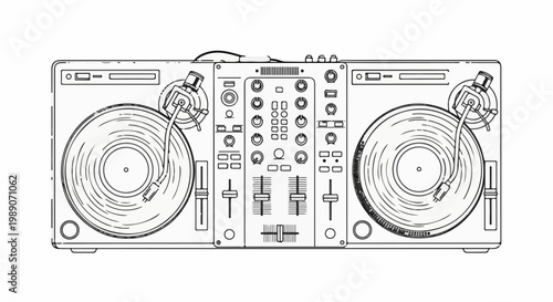 A black and white line drawing of a dj turntable setup with two platters and a mixer