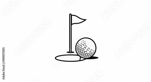 A black and white outline of a golf ball near a hole and flag
