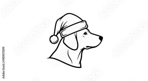 A black and white line drawing of a dog wearing a Santa hat