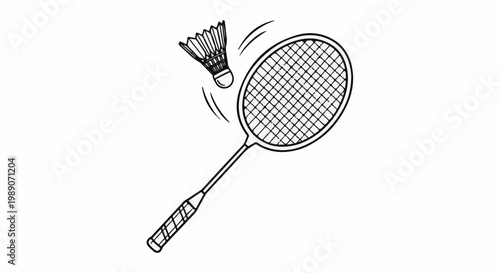 A black and white sketch of a badminton racket and shuttlecock in motion