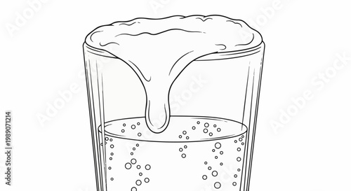 A black and white line drawing of a glass filled with bubbly liquid and overflowing foam