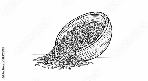 A black and white sketch of a bowl spilling out its contents of grains