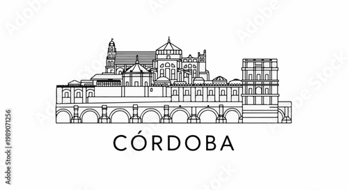 A black and white line drawing of a historic city skyline with text