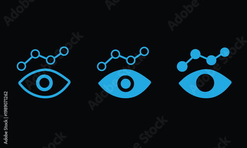 Cyan data monitoring eye icon set on black background. Minimal thin line web icon set, Outline icons collection.