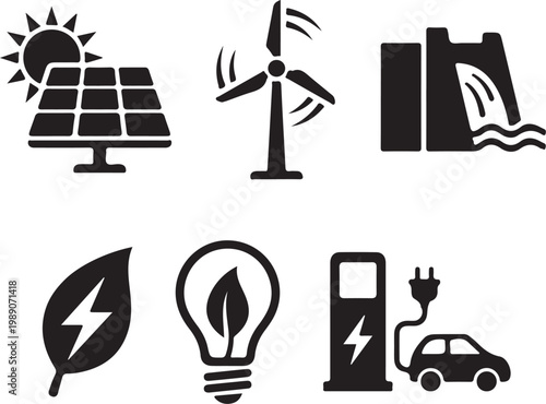 Renewable energy sources and electric car charging station vector silhouettes Isolated on white background