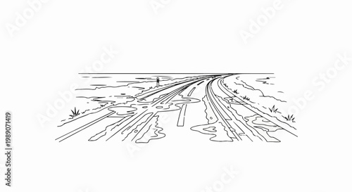 A black and white sketch of a curved railroad track disappearing into the distance