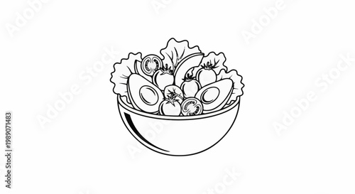 A black and white sketch of a fresh salad in a bowl