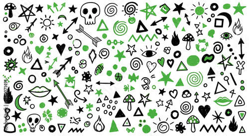 A set of hand drawn elements doodle featuring various shapes and symbols.