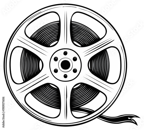 Black and white illustration of vintage film reel, cinema, and movie concept