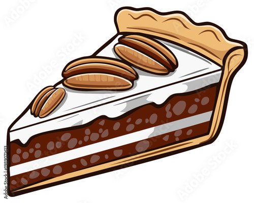 Slice of pecan pie dessert illustration, single portion sweet treat