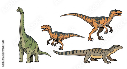 Collection of Four Different Dinosaur Illustrations on White Background.