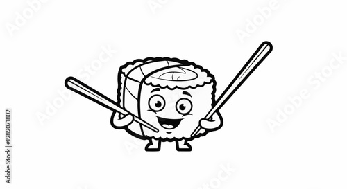 A cartoon sushi roll character with a happy face, holding chopsticks