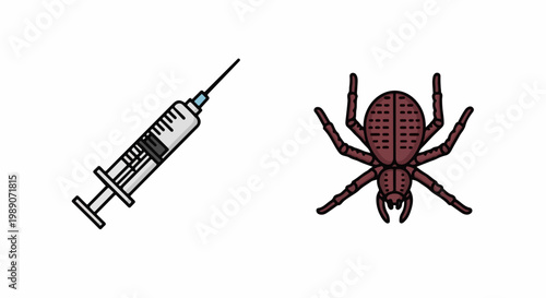 A cartoon syringe and a cartoon spider are depicted on a white background