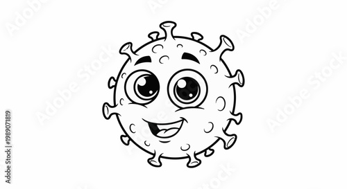 A cartoon virus character with a smiling face and big eyes