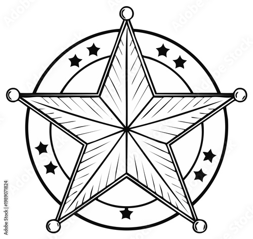 Sheriff badge illustration, five point star, black and white design with circle and stars