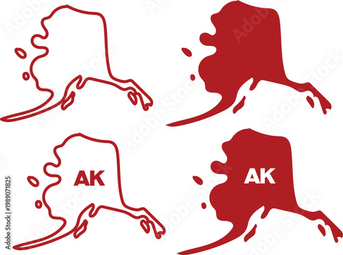 Red Alaska state map silhouette set with AK abbreviation isolated on white. Minimal thin line web icon set, Outline icons collection.