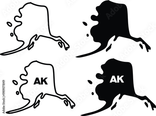 Alaska state map silhouette set with AK abbreviation isolated on white. Minimal thin line web icon set, Outline icons collection.