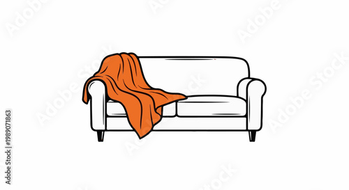 A cartoon-style white couch with an orange blanket draped over its arm
