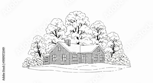 A charming stone cottage nestled amongst lush trees in a serene landscape