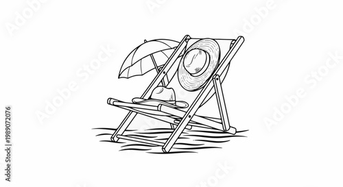 A deck chair with two hats and a sun umbrella rests on the shore