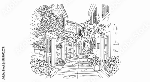 A charming, sun-dappled stone alleyway lined with blooming floral arrangements
