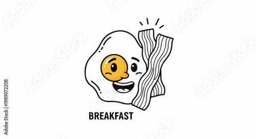 A cheerful cartoon fried egg and bacon graphic with the word "BREAKFAST" below