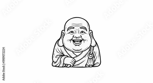 A cheerful, round-faced figure in a robe, with a gentle smile and closed eyes