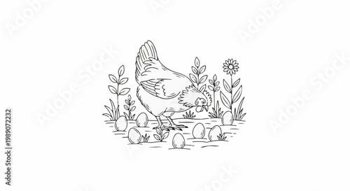 A chicken stands amongst eggs and plants in a line drawing