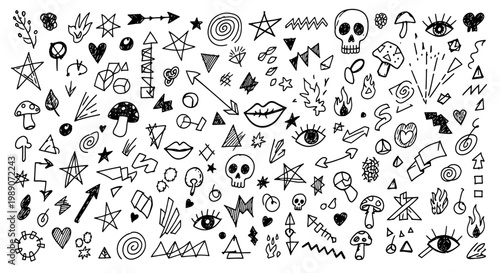 A set of hand drawn elements doodle featuring various icons and symbols.