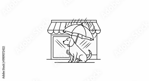 A dog sits under an umbrella in front of a shop window during rain