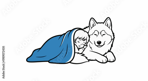 A child sleeps peacefully under a blue blanket, nestled against a sleeping dog