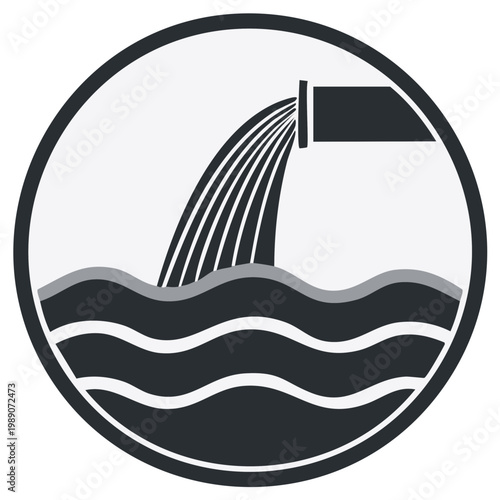 Water Discharge Pipe Emitting Flow into Wavy Liquid Inside Circular Frame Icon