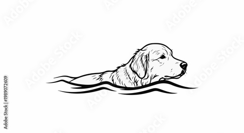 A dog with long fur swims through stylized waves in a simple illustration