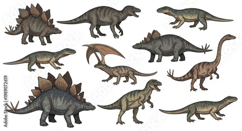 Collection of diverse dinosaur species illustration.