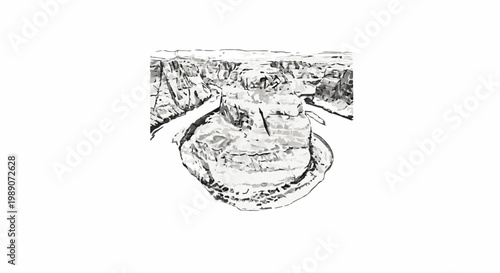 A dramatic ink sketch of a river cutting through a vast canyon