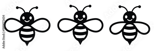 Black and white bee illustrations, vector illustration of bee, collection of detailed insect symbols in minimal monochrome style