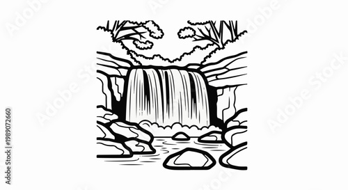 A dramatic waterfall plunges into a rocky pool surrounded by lush foliage