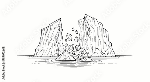 A dramatic scene of icebergs breaking apart in the ocean