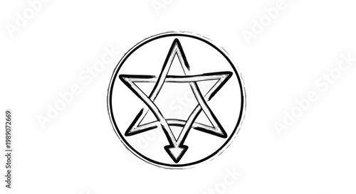 A circular symbol with a six-pointed star and arrow detail