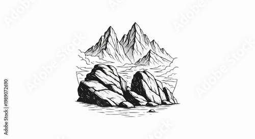 A dramatic black and white sketch of jagged peaks rising from rocky terrain