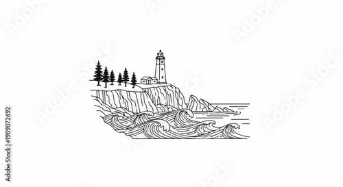 A classic lighthouse stands on a rocky cliff overlooking the crashing waves of the ocean
