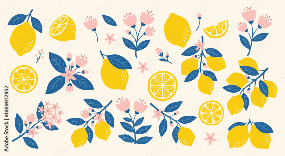 Naklejka premium Hand drawn lemon citrus fruits with blue leaves and pink flowers. Italian Amalfi Summer style. Mediterranean botanical design for pattern, poster, card, cover. 