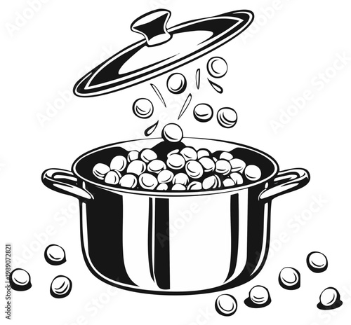 Cooking process of soup with falling ingredients in a pot