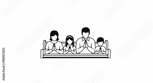 A family of four sits together in a row, praying with hands clasped