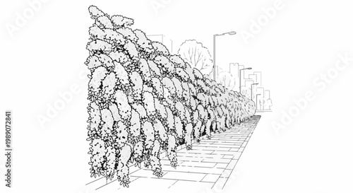 A dense, flowering vine cascades over a textured walkway beside buildings