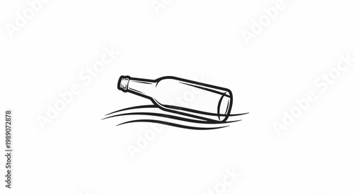 A clear glass bottle floats on stylized water waves in a black and white outline drawing